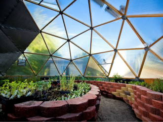 Pavestone Bed Design in Geodesic Dome Greenhouse