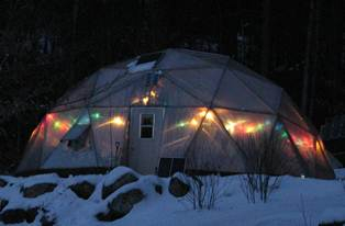 christmas lights on geodesic dome greenhouse