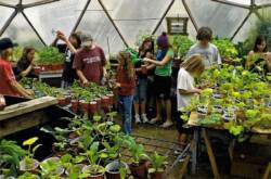 students gardening in dome greenhouse