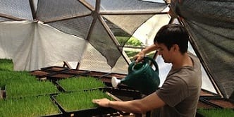 Man watering plants in a California Growing Dome