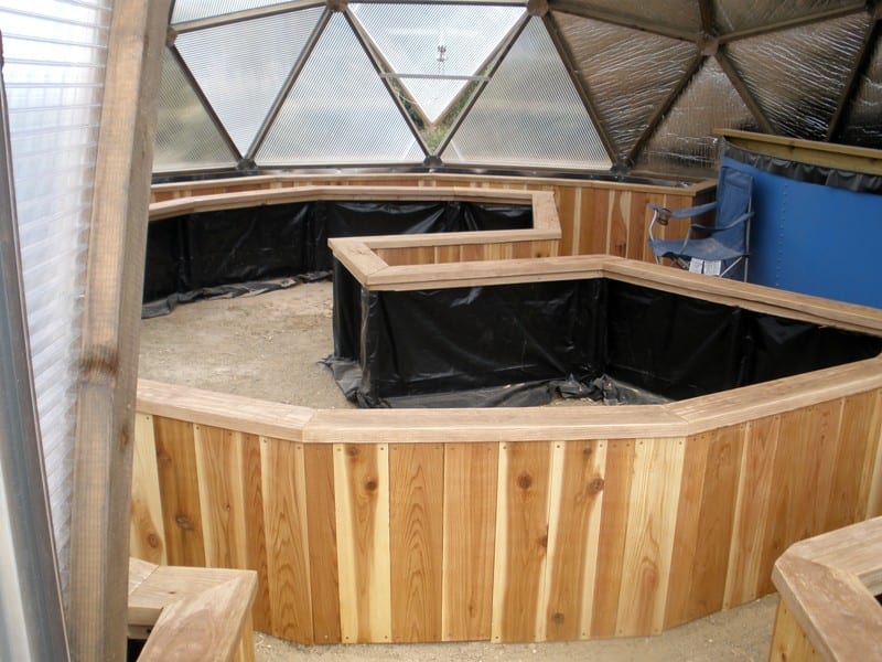 Redwood Raised Beds in a geodesic dome Greenhouse