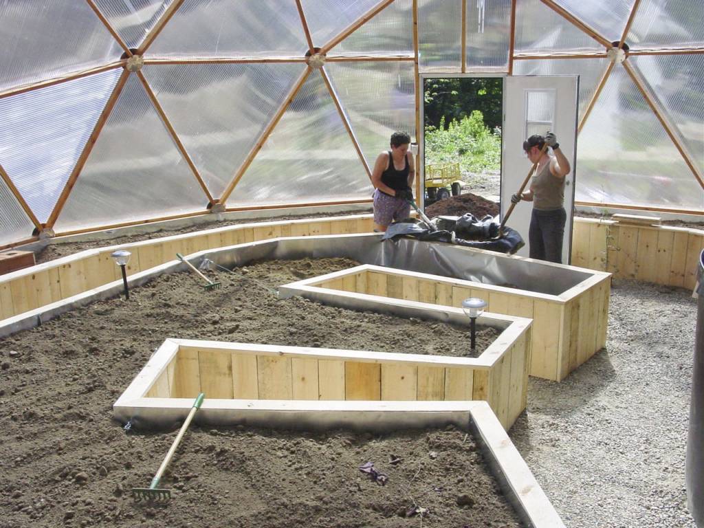 Rough Cut Planks perimeter raised beds in geodesic dome greenhouse