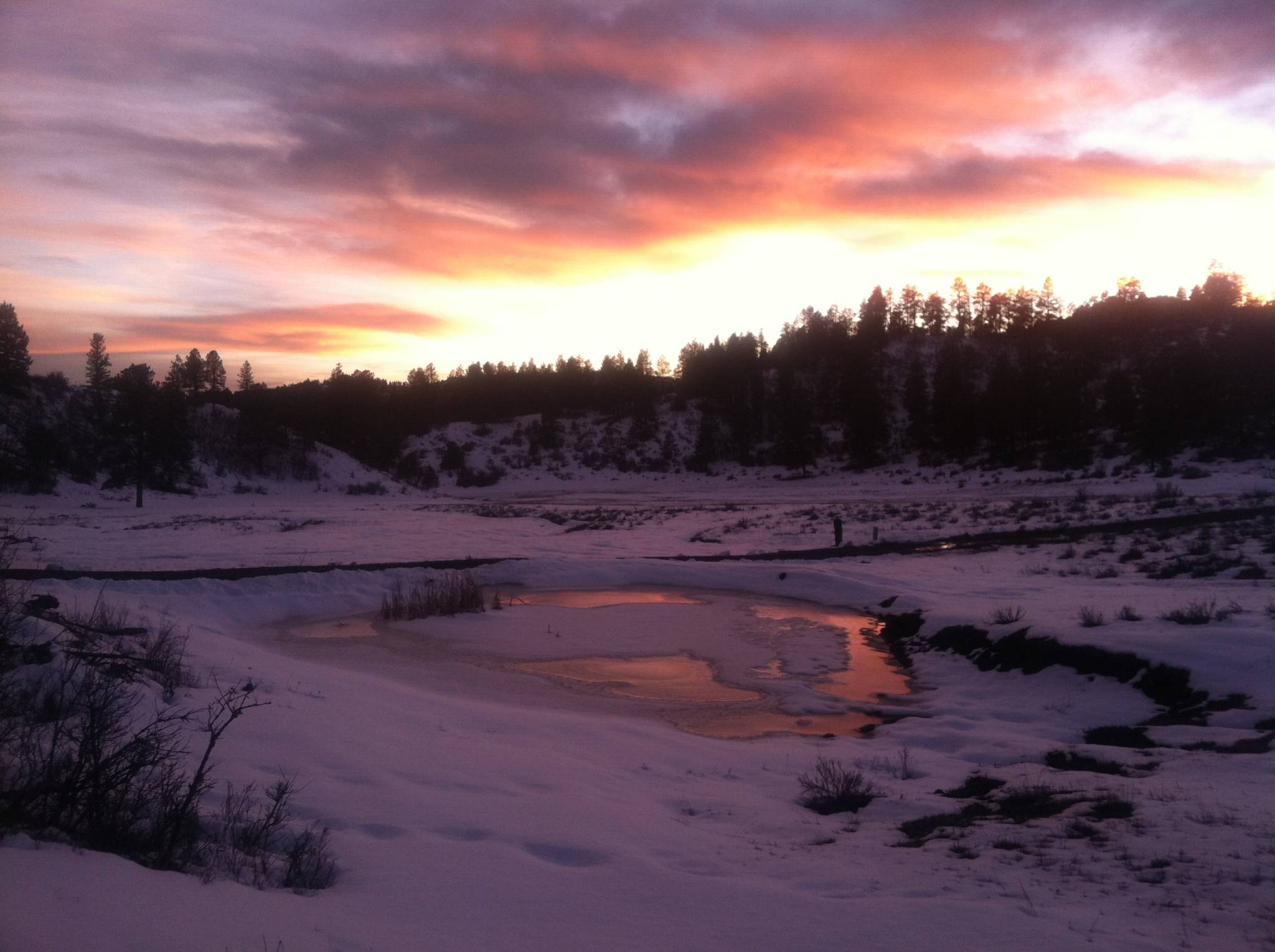 Sunset over a partially frozen pond