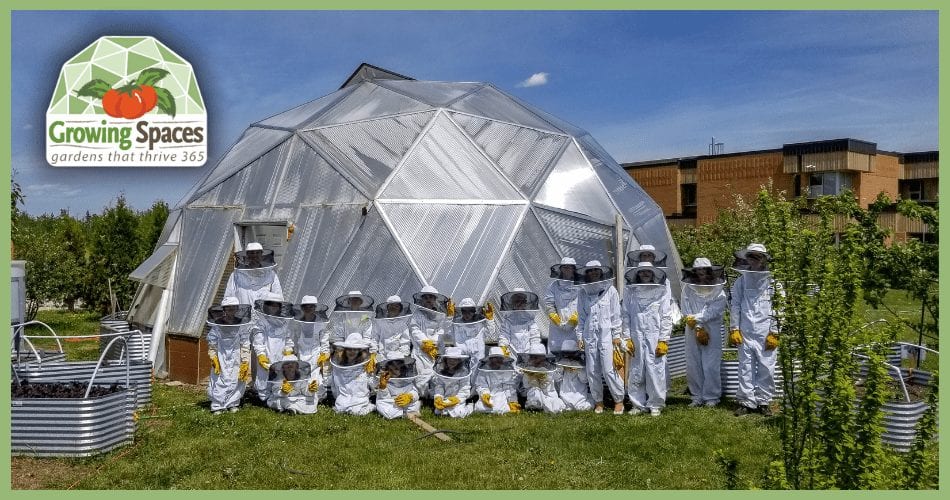 Class in front of dome wearing bee suits