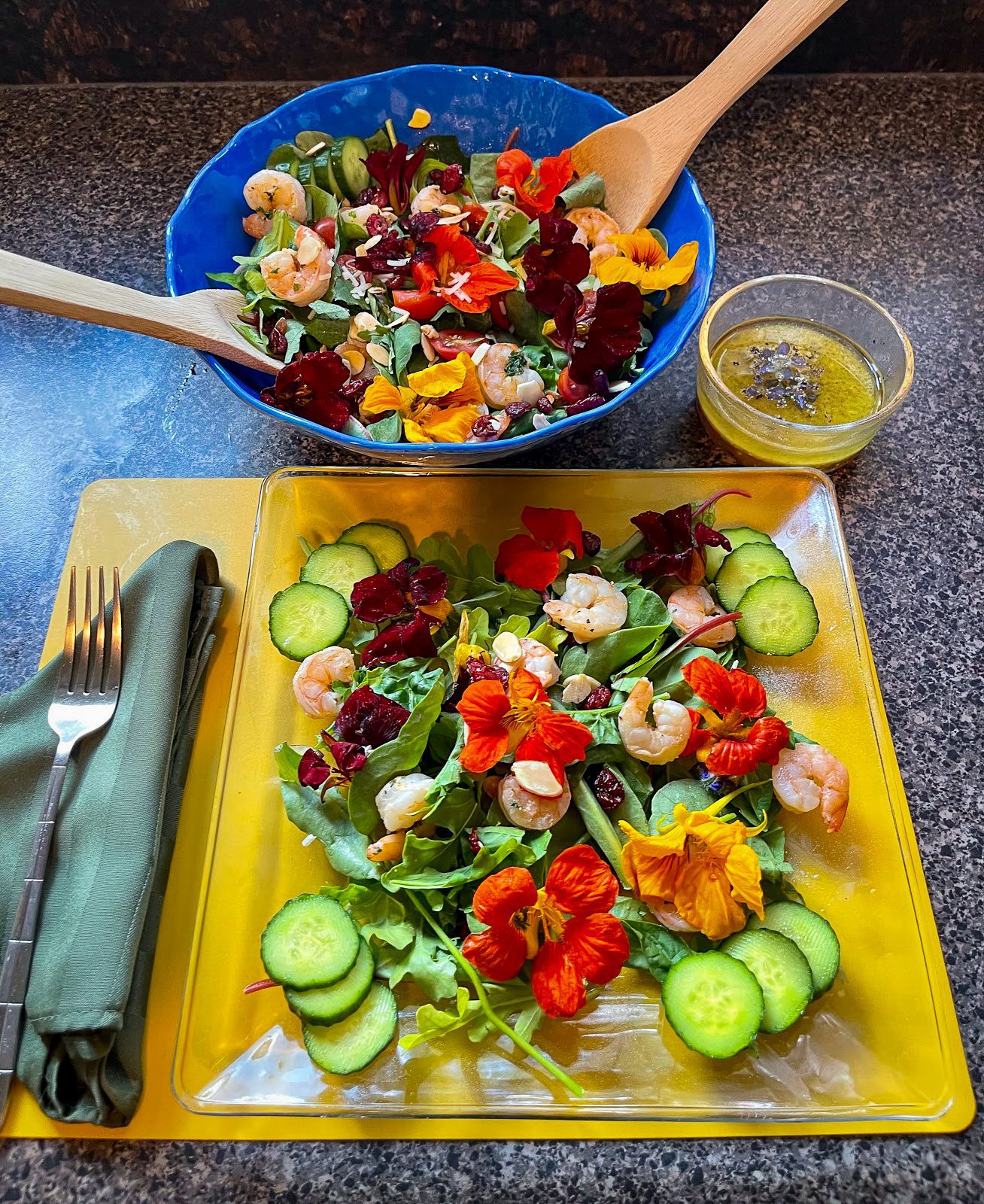 Shrimp-Nasturtium-Salad-Finished- - Growing Spaces Greenhouses Shrimp and Nasturtium Salad with Pine Nuts & Dressing