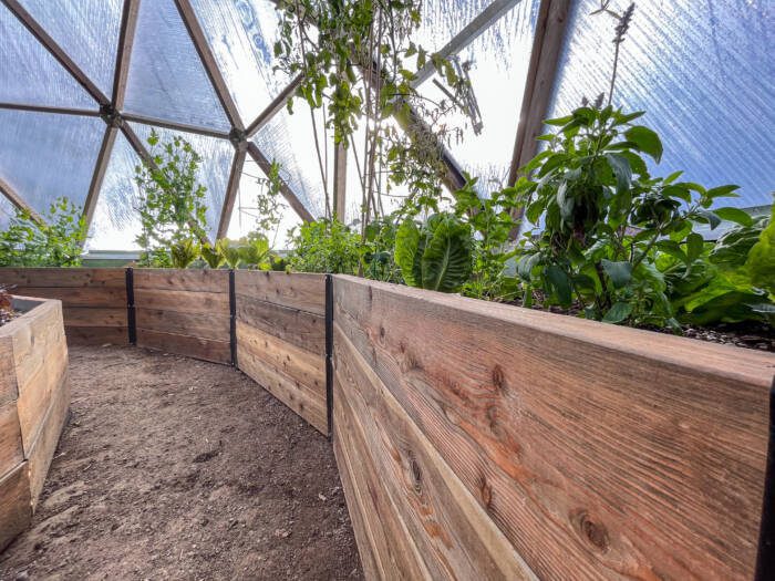 Dome Science: 2 foot tall raised garden beds in a 22 foot Growing Dome greenhouse