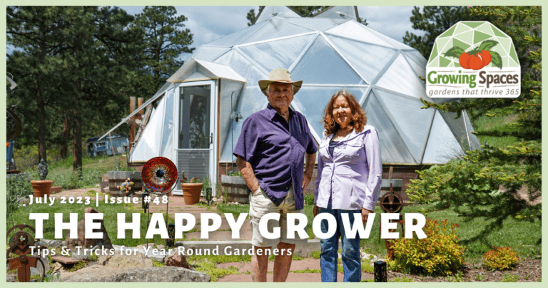 Newsletter-Header-July-2023 - Growing Spaces Greenhouses cover photo from issue #48 of the growing spaces happy grower newsletter shows a couple of happy dome owners in front of their growing dome greenhouse