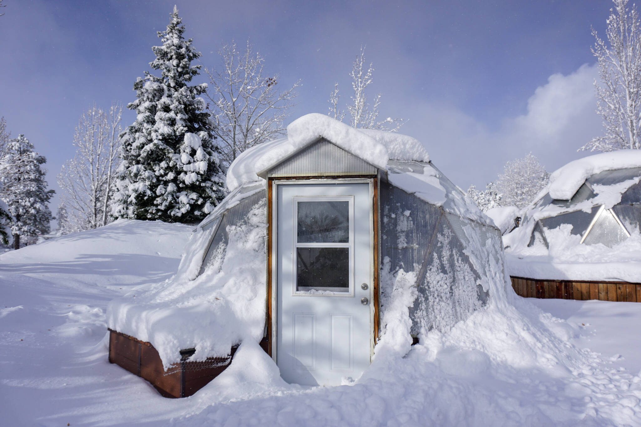 DSC02613 1 - Growing Spaces Greenhouses Small Geodesic Dome Greenhouse covered in snow in the winter. The geodesic shape is why growing domes can withstand wind and heavy snow loads