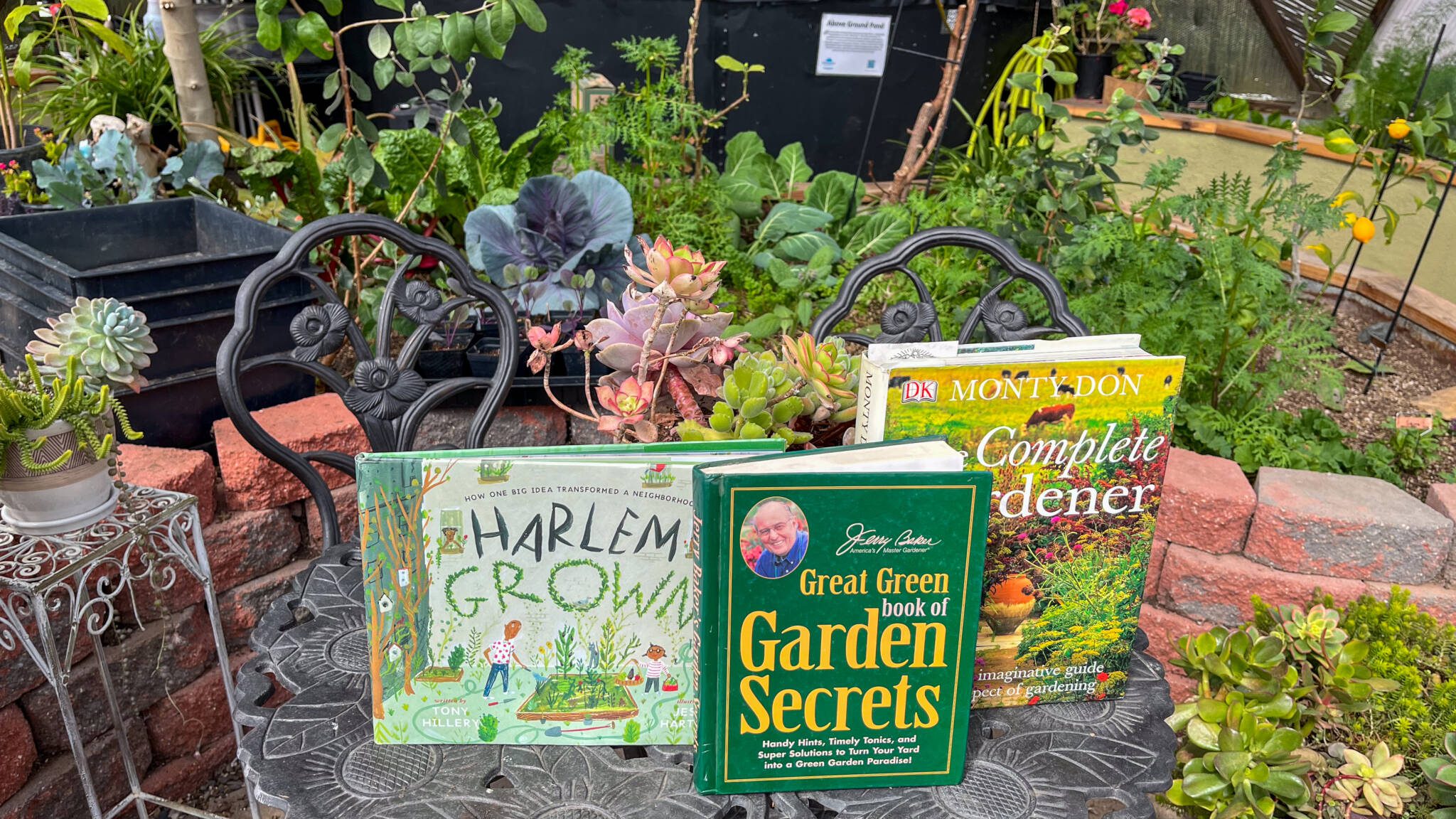 Gardening books in a 26' Growing Dome Greenhouse