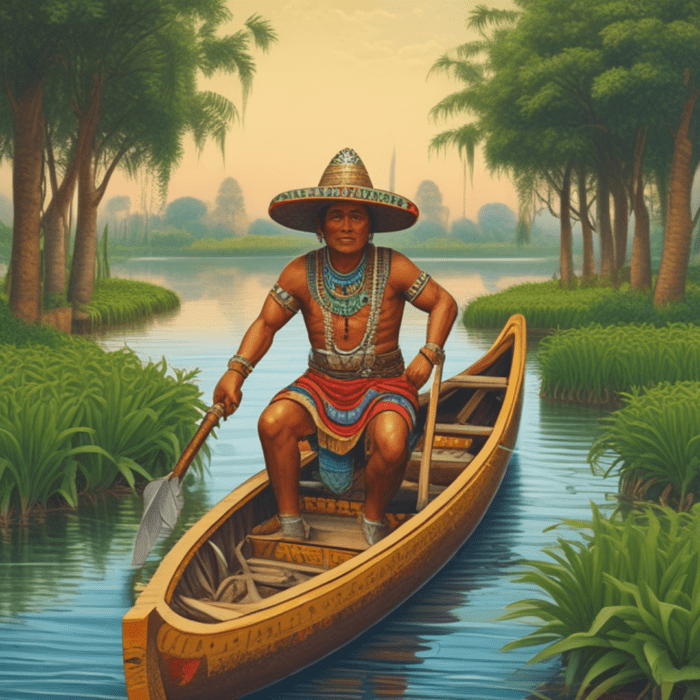 AztecFarmerDrawing - Growing Spaces Greenhouses AI Generated image of an Aztec farmer navigating the canals between chinampas on a canoe