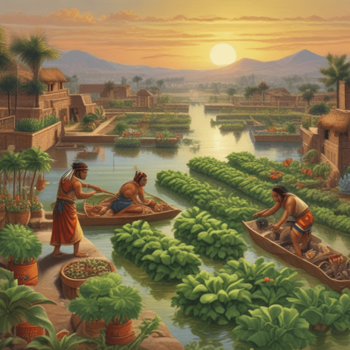 ChinampaDrawing - Growing Spaces Greenhouses AI Generated image of the Aztec people tending to the crops on their floating gardens in the city of Tenochtitlan