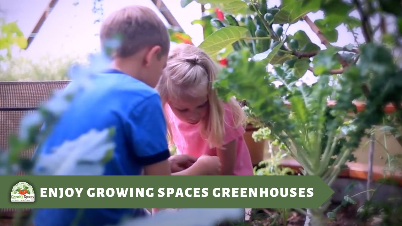 Enjoy_Growing_Spaces_Greenhouses - Growing Spaces Greenhouses two children exploring the geodesic greenhouse garden