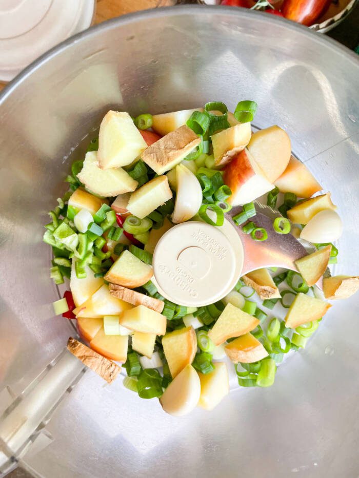 diced apples, ginger, and alliums in a food processor to make the paste