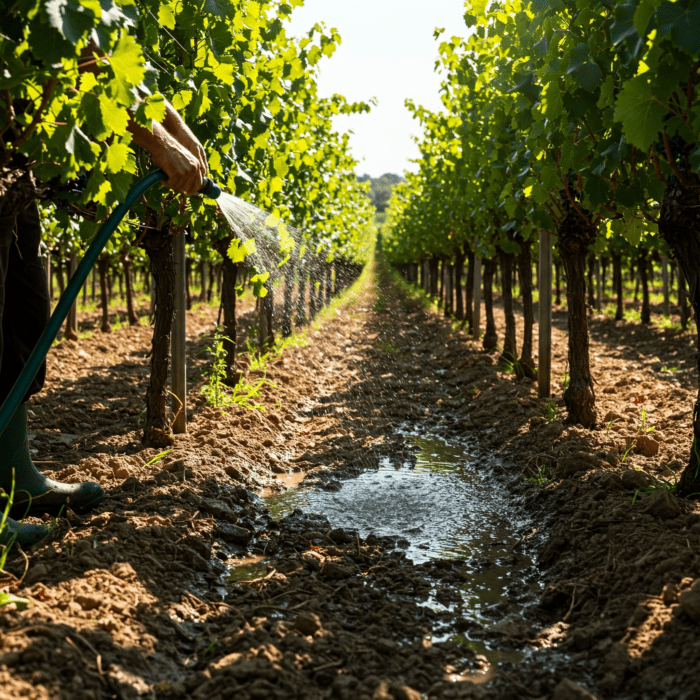 Gemini_Generated_Imagen 3 watering grapes - Growing Spaces Greenhouses Watering outdoor grape