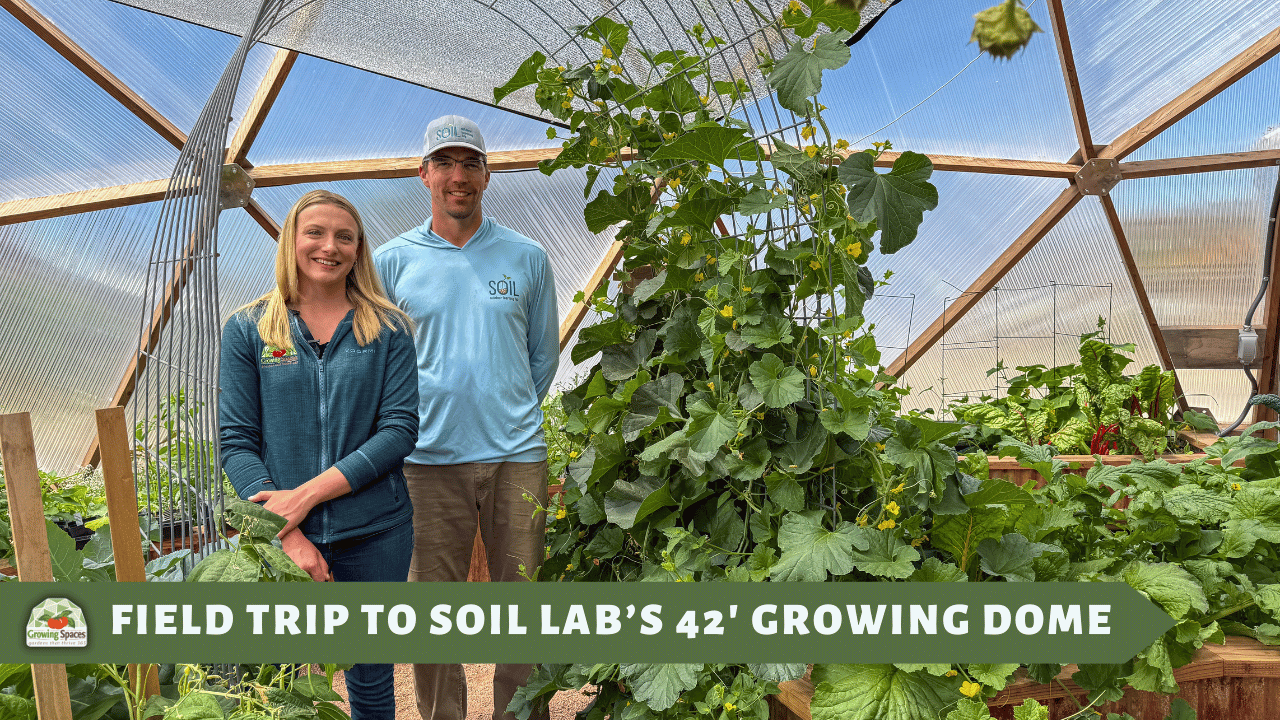 Man and woman standing in a growing dome greenhouse surrounded by lush greenery