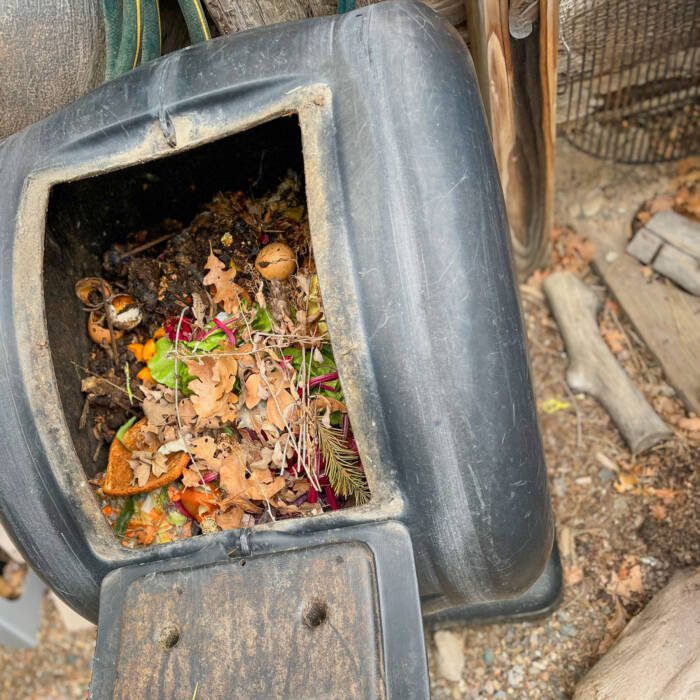 compost_tumbler - Growing Spaces Greenhouses example of a simple compost tumbler made of plastic with the lid open showing leaves and food scraps tossed on top