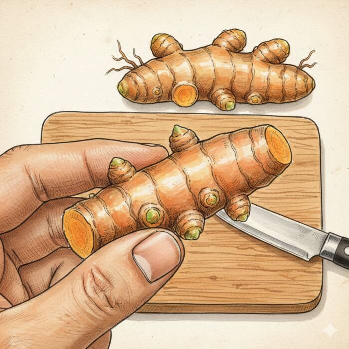 drawing of cutting turmeric rhizomes for planting