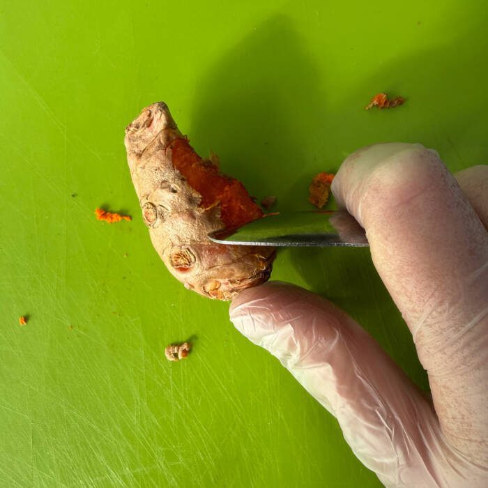 Gloved hand holding a spoon sideways peeling a knob of orange turmeric on a green cutting board