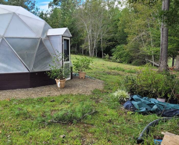 Bonnet-Wind - Growing Spaces Greenhouses Growing dome surrounded by debris and a fallen tree