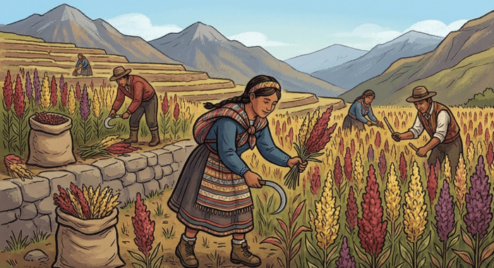 indigenous people harvesting quinoa in the Andes. Gemini AI illustration